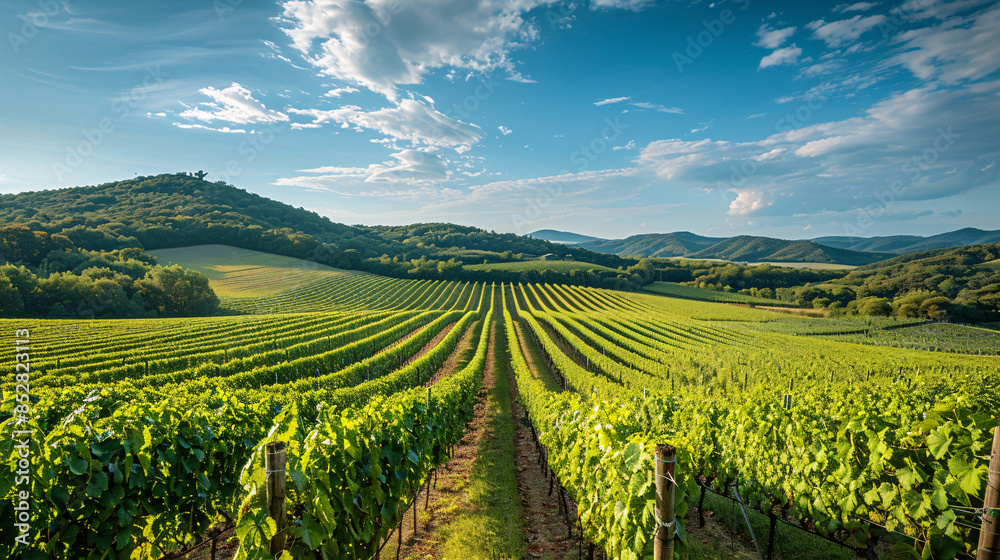 Fototapeta premium Scenic view of a vineyard with rolling hills and blue sky