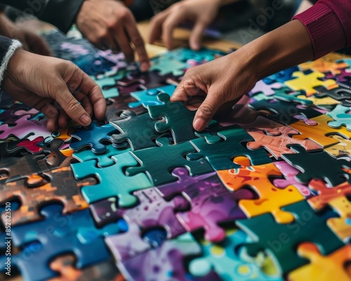 Collaborative team solving colorful puzzle, emphasizing individual contribution to complex whole