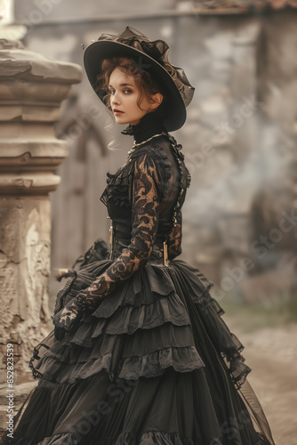 Victorian style clothes young woman on castle architecture background	