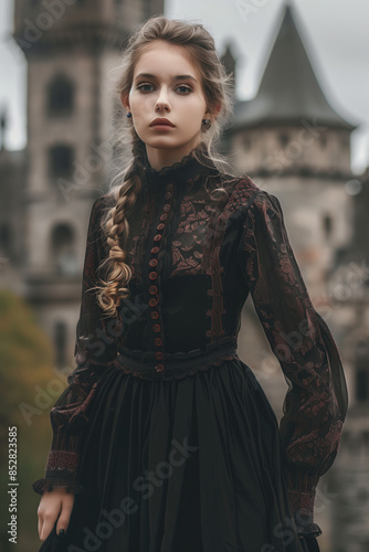 Victorian style clothes young woman on castle architecture background	