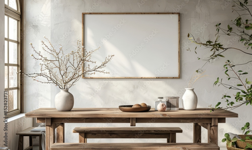 Minimalist dining room with a blank serving tray Minimalist dining room with a blank serving tray