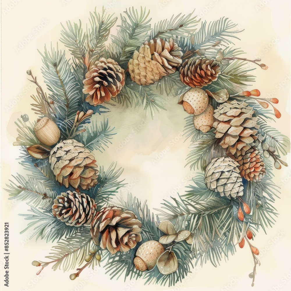 Obraz premium This is a watercolor painting of a pine cone wreath. The wreath is made up of pine branches and pine cones. There are also some berries and acorns in the wreath. The background is a soft beige color.