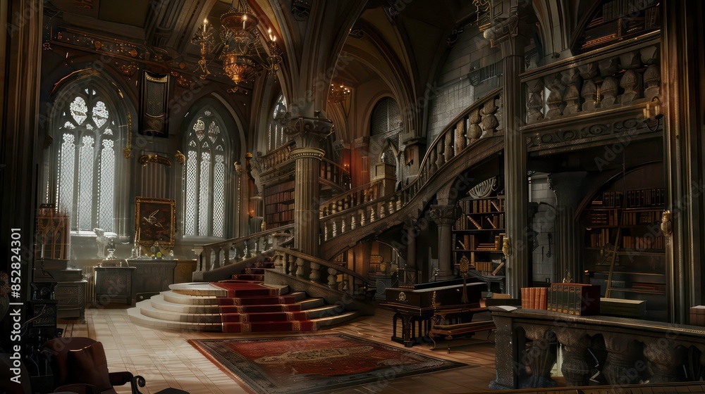 The hall of the castle features a golden throne on a pedestal with steps. Generative AI The hall of the castle features a golden throne on a pedestal with steps. Generative AI