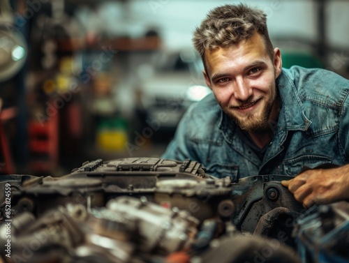 Smiling Mechanic Working on an Engine