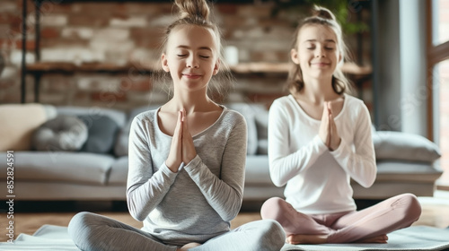 Two young girls practicing yoga and meditating indoors in a relaxed, serene setting.