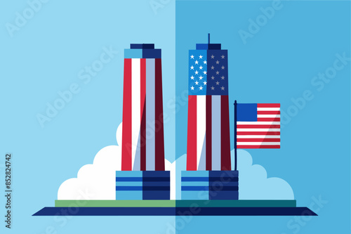 Two buildings with American flags atop, against urban backdrop