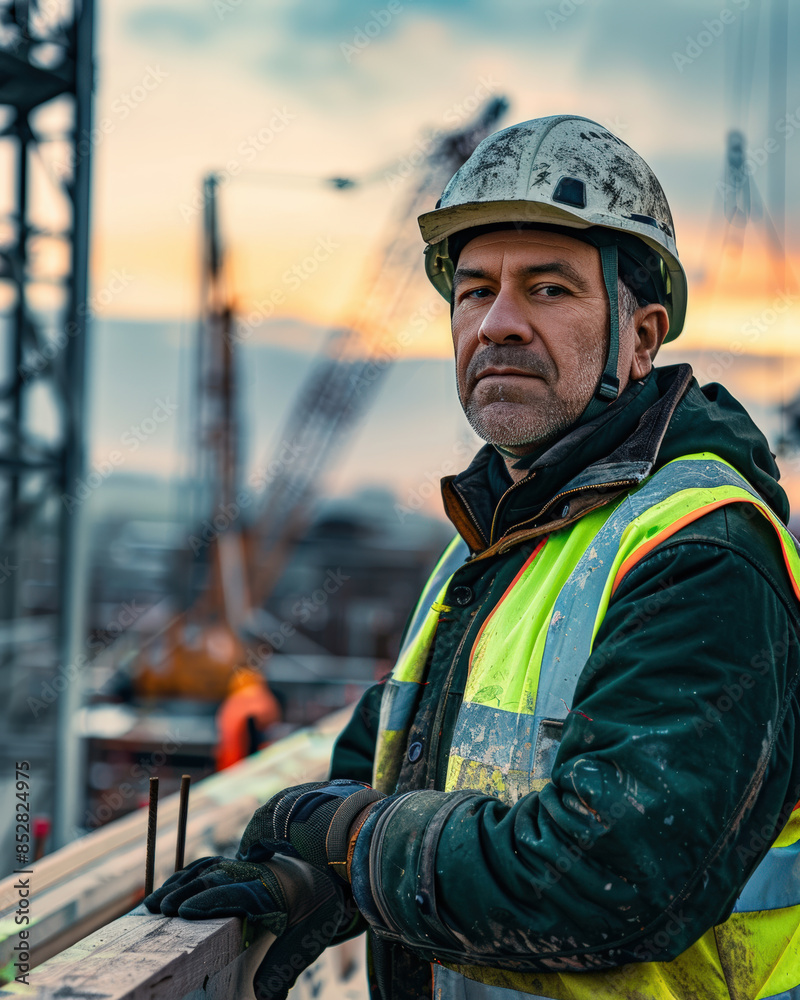 Construction Worker at Dawn in Industrial Site Construction Worker at Dawn in Industrial Site