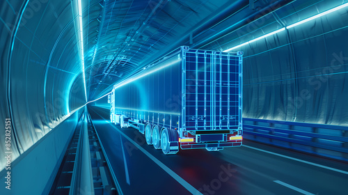 Fototapeta Naklejka Na Ścianę i Meble -  Blue wireframe Trailer Truck rides through Blue tunnel 3d rendering