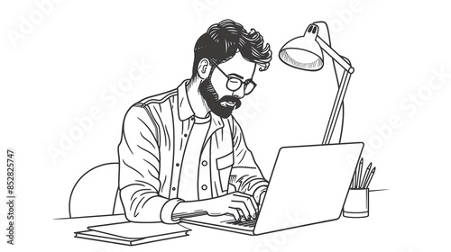 Illustration of a man working on a laptop at a desk, focusing on productivity in a modern work setting with a lamp and stationary.