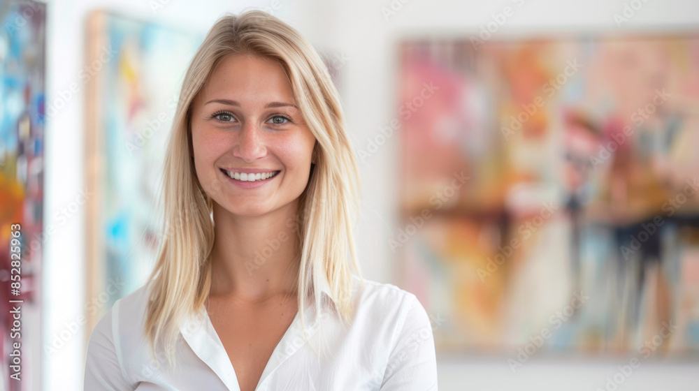 Portrait of a young blonde woman in an art gallery, museum worker, art director. Portrait of a young blonde woman in an art gallery, museum worker, art director.