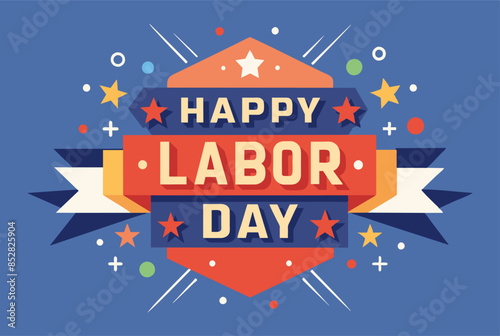 The greeting card for labor day has a blue background and a joyful design