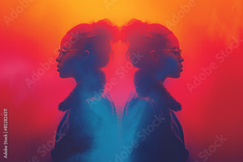 Twin women facing opposite directions, silhouetted against a red and blue light background