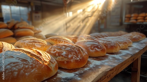 A warm and inviting scene of freshly baked loaves of bread lined up on a wooden surface as sunlight streams through the bakery windows