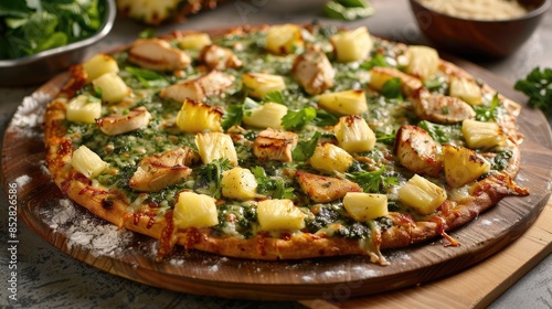 Chicken pineapple and green dough pizza