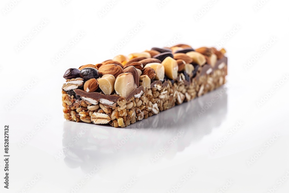 A protein bar with an assortment of nuts and seeds, set against a clean white background A protein bar with an assortment of nuts and seeds, set against a clean white background