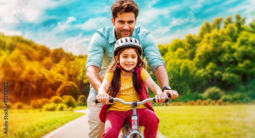 idian ethnic father and daughter enjoying a cycle ride in the outdoor park, soft blurred, enjoy autumn, first step helping grown up, Concept fathers day banner. photo