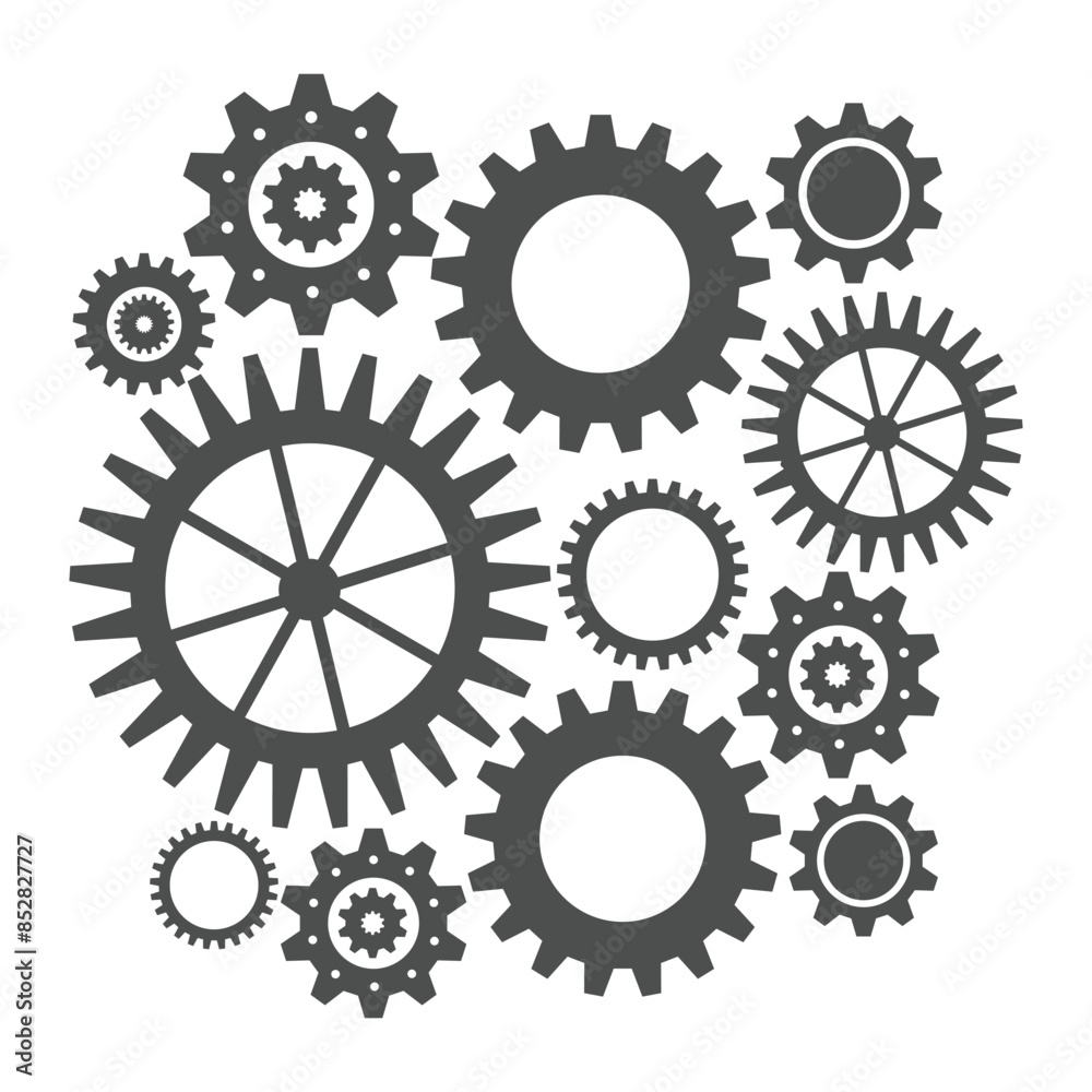 Gear wheel abstract vector set. Collection of different grey cogwheels isolated on white. Doodle style gear mechanism. New business idea, teamwork, progress, technology concept Gear wheel abstract vector set. Collection of different grey cogwheels isolated on white. Doodle style gear mechanism. New business idea, teamwork, progress, technology concept