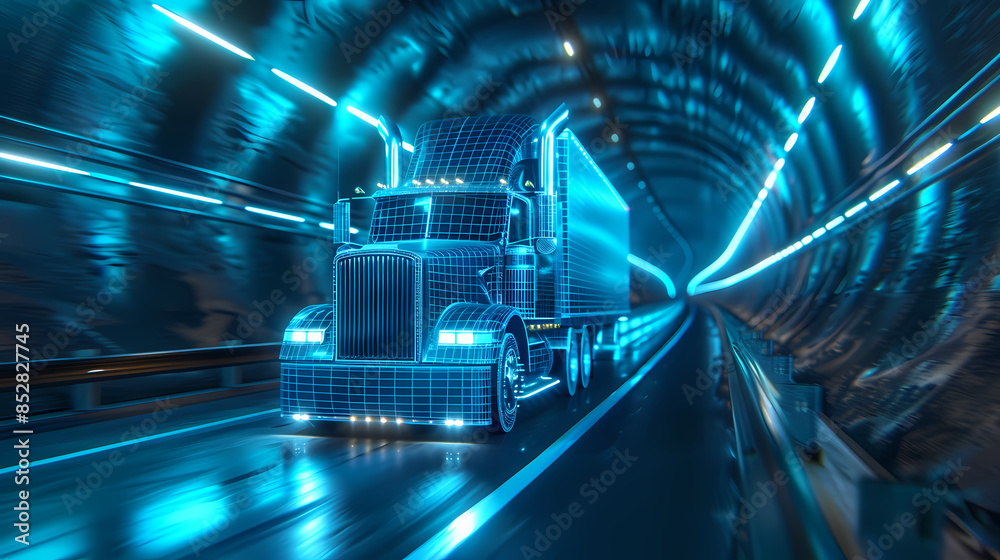 Obraz premium Blue wireframe Trailer Truck rides through Blue tunnel 3d rendering