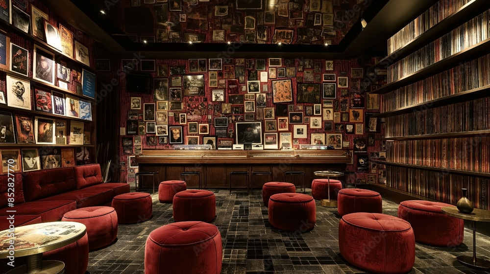 Cozy lounge with red velvet seating, framed photos, records on walls, and shelves filled with vinyl collections, creating a vintage, eclectic ambiance. Cozy lounge with red velvet seating, framed photos, records on walls, and shelves filled with vinyl collections, creating a vintage, eclectic ambiance.