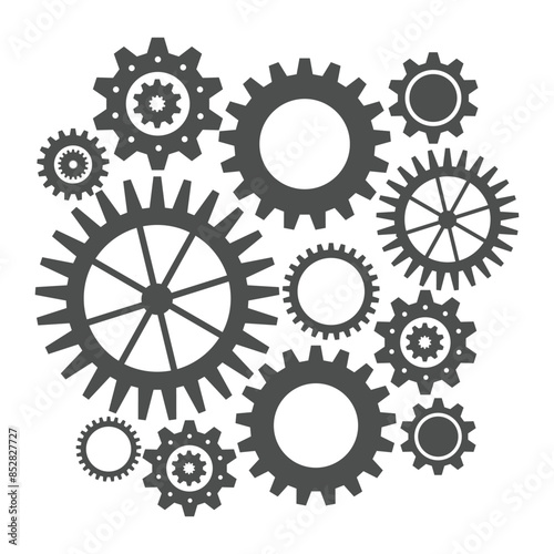 Gear wheel abstract vector set. Collection of different grey cogwheels isolated on white. Doodle style gear mechanism. New business idea, teamwork, progress, technology concept