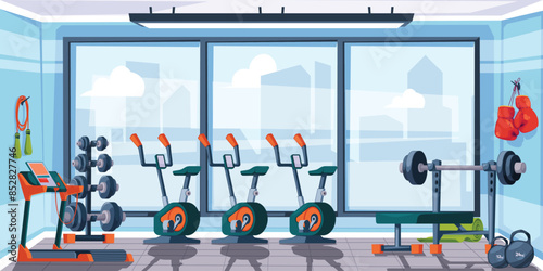 Fitness gym interior background. Gymnasium room with sport equipment for workouts cartoon vector illustration. Treadmill, bike, dumbbells, bench with barbell in empty modern sport club