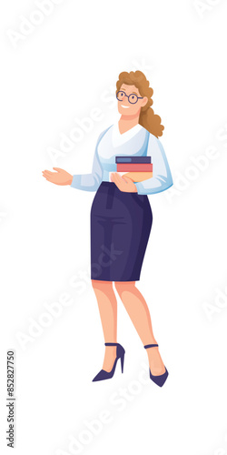 Modern young student woman holding book. Happy smiling standing female teacher isolated on white background. Enjoy literature, study in university, prepare for exam. Colorful flat vector illustration