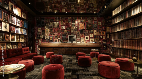 Cozy lounge with red velvet seating, framed photos, records on walls, and shelves filled with vinyl collections, creating a vintage, eclectic ambiance.