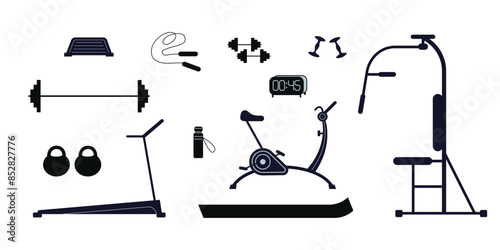 Gym equipment for workout set. Training accessories for sport club or home exercises. Treadmill, bike, dumbbells, barbell, jump rope, mat, ball icons. Isolated vector illustration