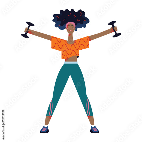 Workout exercise of woman in gym vector illustration. Sport training exercises of girl. Cartoon active strong female with dumbbells. Healthy lifestyle concept