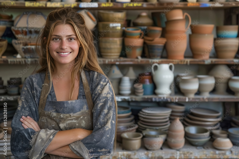 A young and beautiful female potter stands proudly among the ceramics displayed in her workshop. Her smile radiates satisfaction and passion for her craft. A young and beautiful female potter stands proudly among the ceramics displayed in her workshop. Her smile radiates satisfaction and passion for her craft.