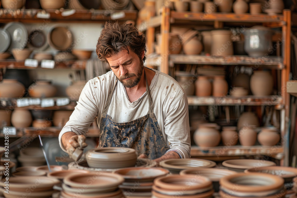 male potter passionately working at the potter's wheel in his workshop. His focused expression reflects his dedication to his craft. The workshop is filled with pottery tools. male potter passionately working at the potter's wheel in his workshop. His focused expression reflects his dedication to his craft. The workshop is filled with pottery tools.