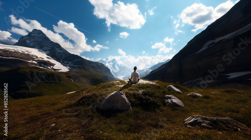 Person practicing meditation on a grassy hilltop with a stunning mountain and cloudy sky in the background.