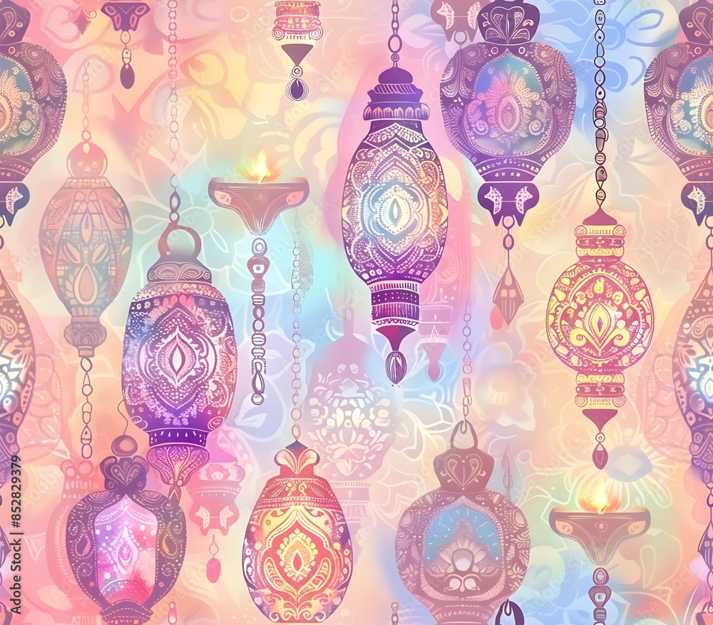 Delicate Diwali Lanterns Adorn Pastel Paisley Pattern in Serene Garden Landscape Delicate Diwali Lanterns Adorn Pastel Paisley Pattern in Serene Garden Landscape