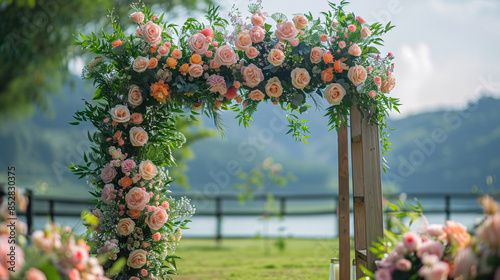 Wedding details arranged on a wooden frame, with a backdrop of blooming roses and summer landscape