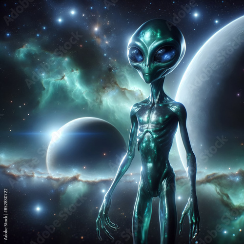 Alien Creature in Outer Space Surrounded by Planets, Fascinating Cosmic Scene