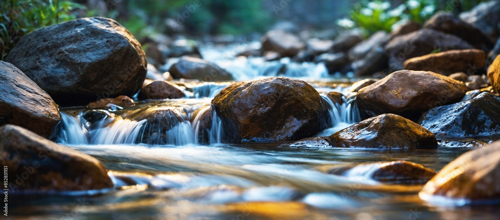 Crystal Clear Mountain Stream Flowing Gently Over Smooth Stones and Rocks Crystal Clear Mountain Stream Flowing Gently Over Smooth Stones and Rocks