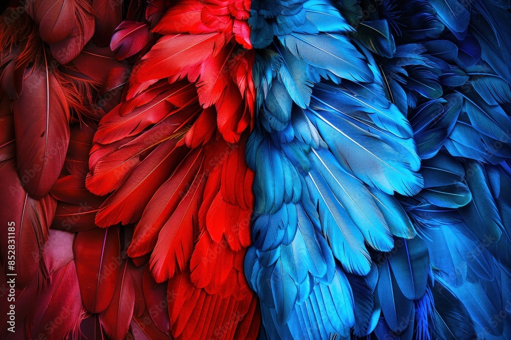 Obraz premium red and blue feathers, arranged in an artistic pattern. The colors contrast with each other, creating a visually striking composition