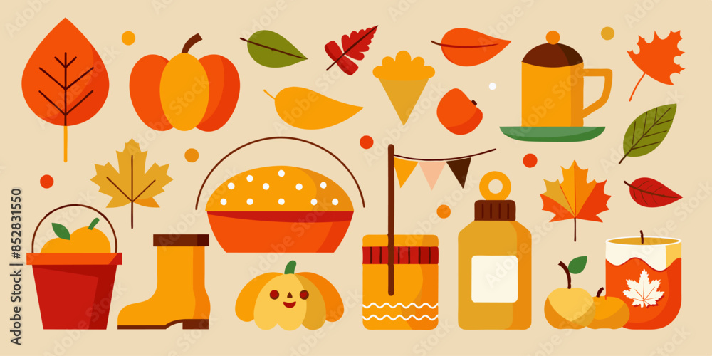 A collection of autumnthemed icons with a flat design