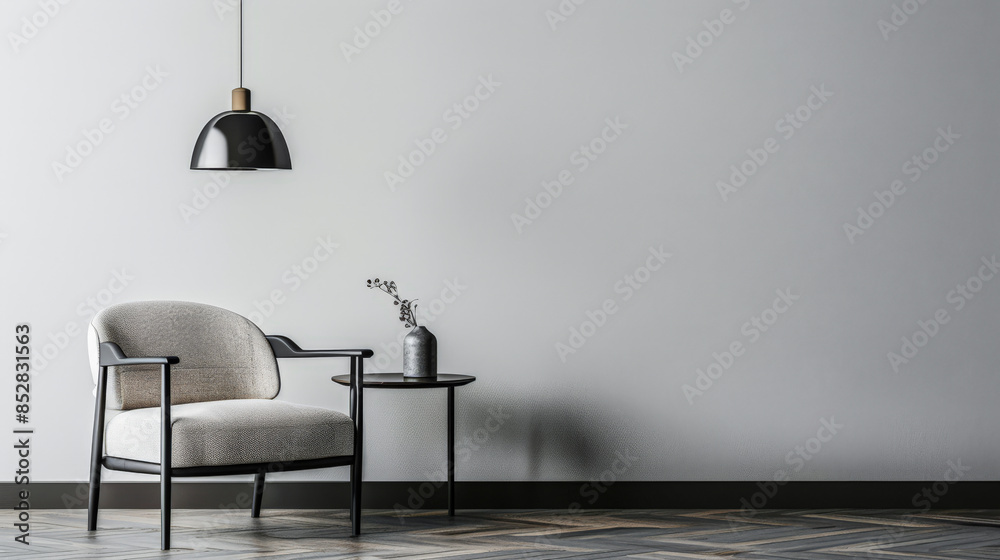 Obraz premium Minimalist living room apartment interiors with minimal furniture in light grey color with shadow interplay. Residential Real Estate interior composition.