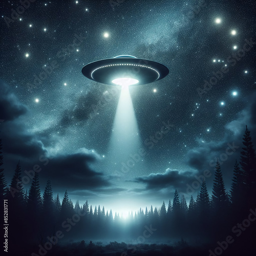 Alien Flying Saucer in Sky Emitting Ray of Light, Illuminating Forest under Starry Sky, Mysterious Sci-Fi Scene photo