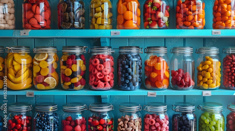 A colorful display of various jars filled with candy, fruit, and dried fruits on blue shelves in the background. A colorful display of various jars filled with candy, fruit, and dried fruits on blue shelves in the background.