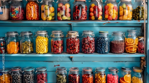 A colorful display of various jars filled with candy, fruit, and dried fruits on blue shelves in the background.