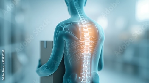 X-ray illustration of back pain highlighted in orange showing spine and ribs while lifting box in warehouse