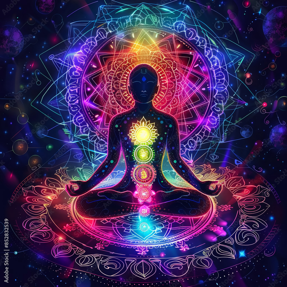 Silhouette of Person in Meditative Pose with Aligned Chakras on Cosmic Background: Spiritual Connection with Radiant Light Patterns Silhouette of Person in Meditative Pose with Aligned Chakras on Cosmic Background: Spiritual Connection with Radiant Light Patterns