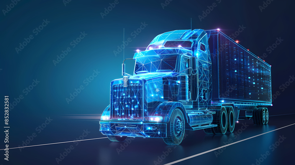 Tractor truck. Abstract vector 3d heavy lorry van. Highway road. Isolated on dark blue background. Transportation, logistics or international shipping concept. Tractor truck. Abstract vector 3d heavy lorry van. Highway road. Isolated on dark blue background. Transportation, logistics or international shipping concept.