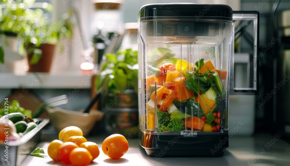 Mesmerizing scene featuring food preparation in a blender, where vibrant vegetables are transformed Mesmerizing scene featuring food preparation in a blender, where vibrant vegetables are transformed