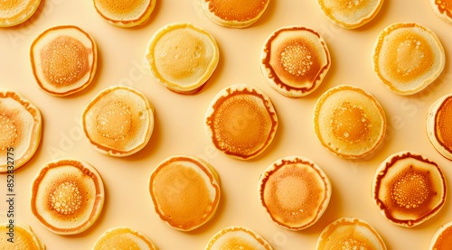 Set of pancakes on pastel yellow background, top view. Pattern with tasty pancakes, minimal flat lay style.