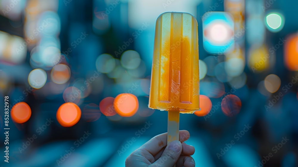 A hand holding an ice cream popsicle against the backdrop of city lights, creating a vibrant and colorful scene. making it perfect for projects that need a lively and energetic feel. A hand holding an ice cream popsicle against the backdrop of city lights, creating a vibrant and colorful scene. making it perfect for projects that need a lively and energetic feel.