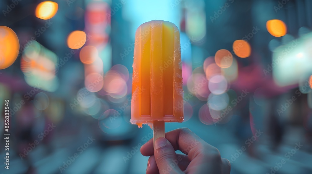 A hand holding an ice cream popsicle against the backdrop of city lights, creating a vibrant and colorful scene. making it perfect for projects that need a lively and energetic feel. A hand holding an ice cream popsicle against the backdrop of city lights, creating a vibrant and colorful scene. making it perfect for projects that need a lively and energetic feel.