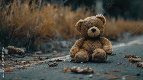 On International Missing Children s Day a forlorn and abandoned brown Teddy bear rests outside looking lonely and neglected on the side of the road